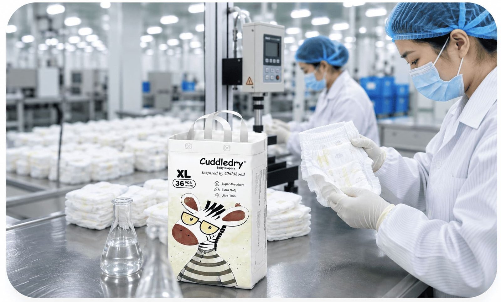 Cuddledry baby diaper factory production line quality control and manufacturing process