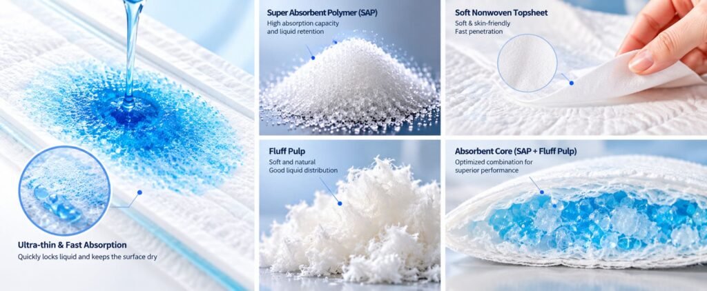 SAP and fluff pulp baby diaper materials