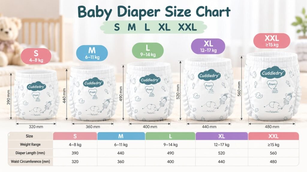 baby diaper size chart S M L XL XXL