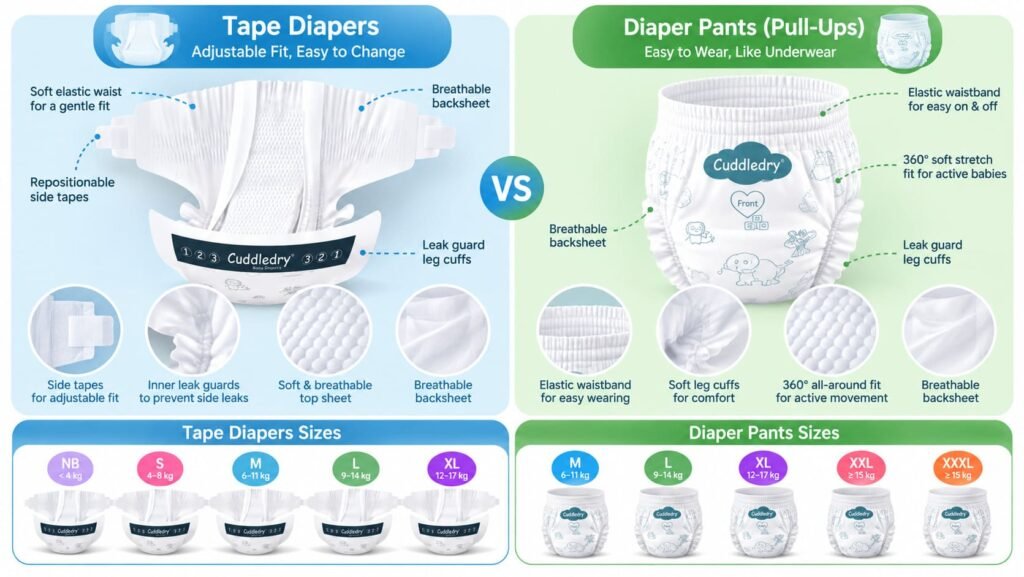baby tape diapers vs diaper pants sizes